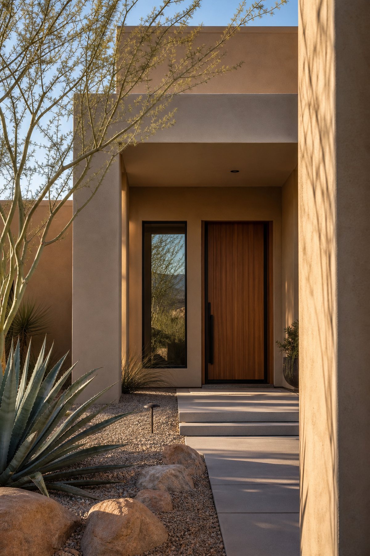 Entry of a modern Arizona stucco home in warm afternoon light, AI-generated concept imagery representative of West Valley architecture