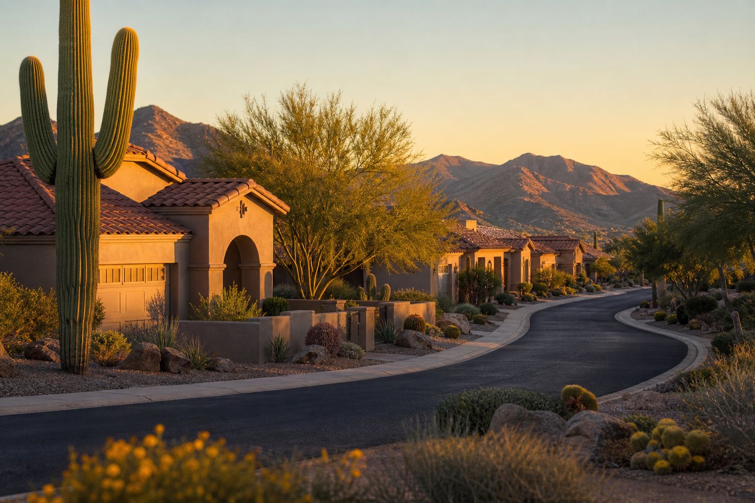 Upscale Peoria, Arizona street at golden hour with desert landscaping, AI-generated concept imagery