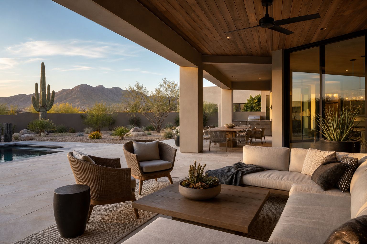 Covered patio of a modern Arizona home in late afternoon light, AI-generated concept imagery