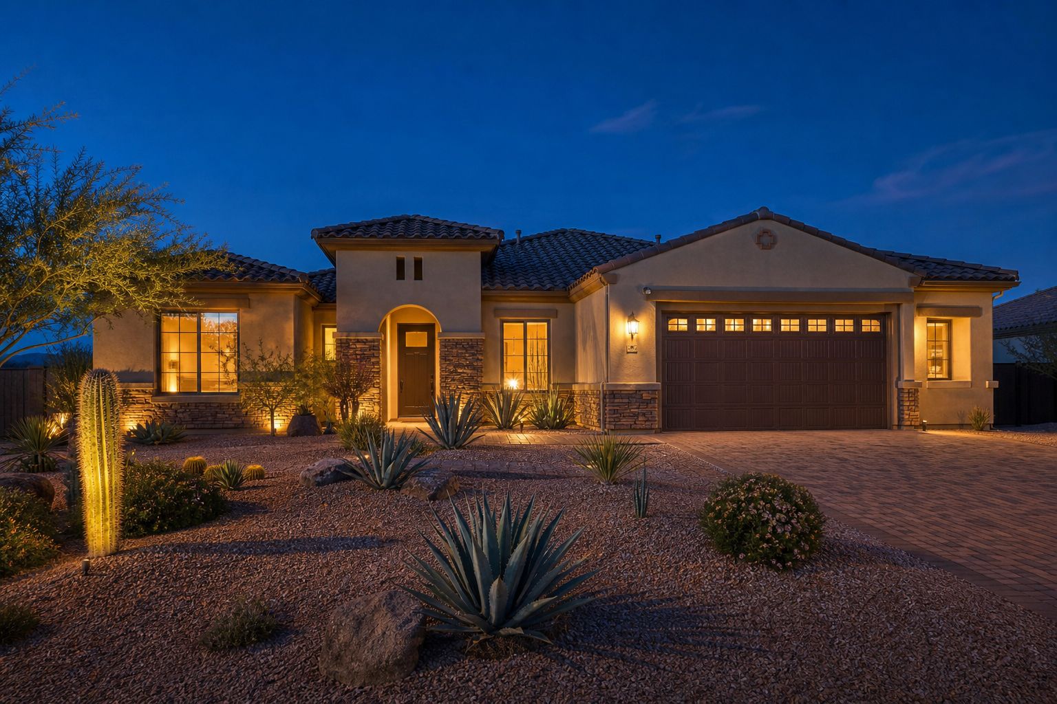 Front of a single-story Arizona home at dusk with warm interior lights, AI-generated concept imagery