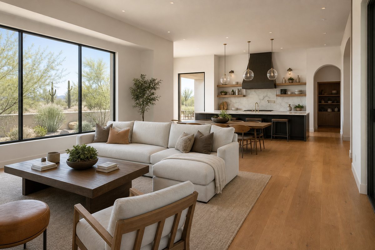 Bright great room of a modern Arizona home, AI-generated concept imagery